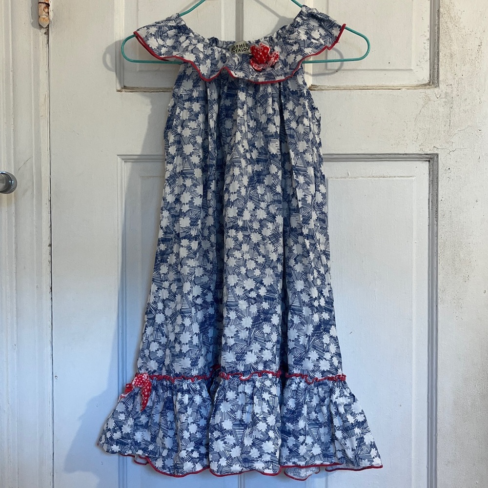 Sophie Catalou Girls Blue & White Floral Sundress with Red Trim in size 7-8